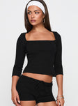 front view of model wearing Princess Polly So American Rib 3/4 Sleeve Top Black Three Fourth Sleeves Square Neck