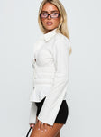 side view of model wearing Princess Polly Liesel Shirred Long Sleeve Top White Full Sleeves V-Neck