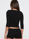 back view of model wearing Princess Polly So American Rib 3/4 Sleeve Top Black Three Fourth Sleeves Square Neck