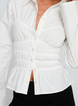 back view of model wearing Princess Polly Liesel Shirred Long Sleeve Top White Full Sleeves V-Neck