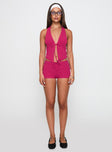 front view of model wearing Princess Polly Obviously Halter Top Pink Sleeveless Plunger 